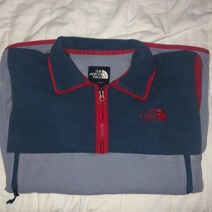 Blue and Red North Face sweatshirt.
